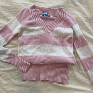 Pink and White Striped V-Neck Sweater y2k